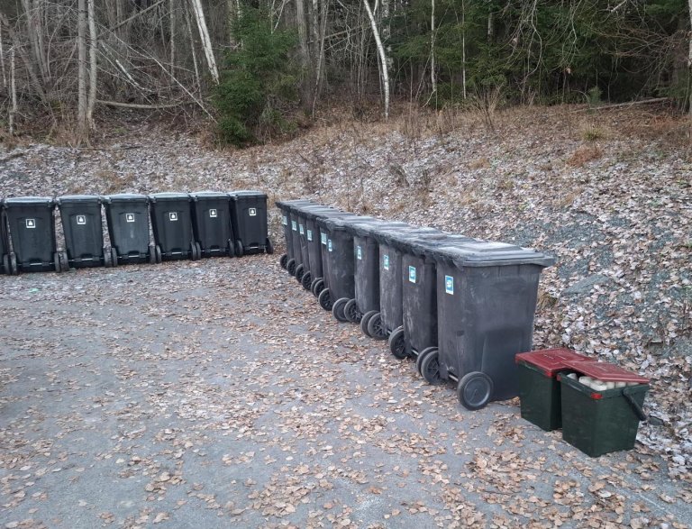 Avfallsbøtter står på rekke og rad.