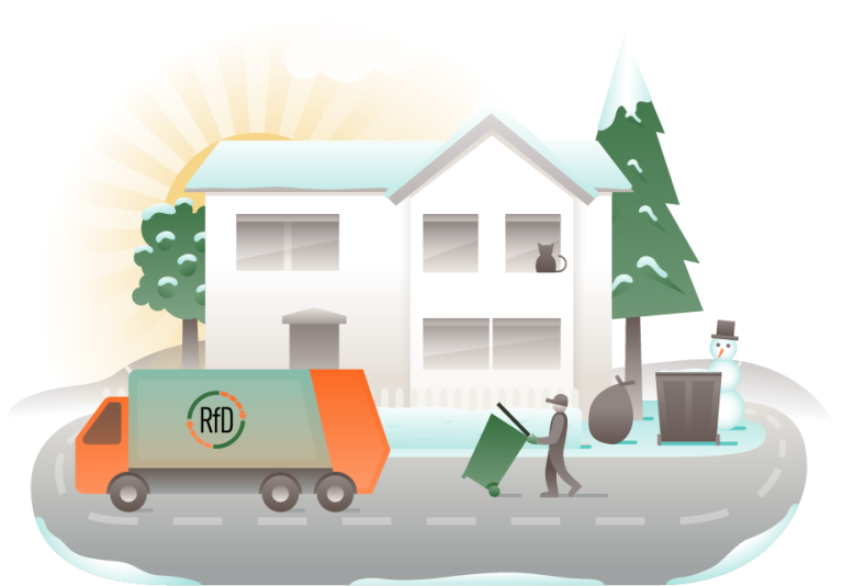 Illustrasjon av en renovatør som triller en avfallsbeholder mot en renovasjonsbil med RFD-logo, foran et hus